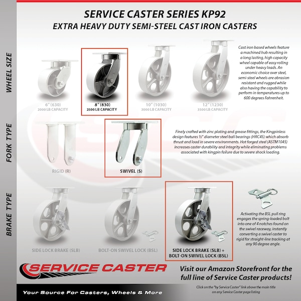 8 Inch Heavy Duty Semi Steel Cast Iron Caster Set With Brake And Swivel Lock